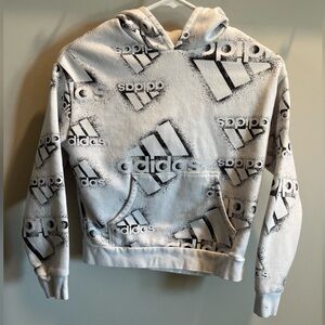 Kids S • Adidas White Hoodie with Black Graphic Print